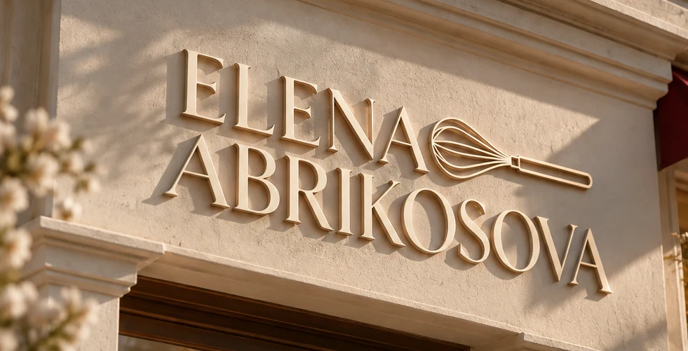 Вывеска ELENA ABRIKOSOVA с венчиком на фасаде